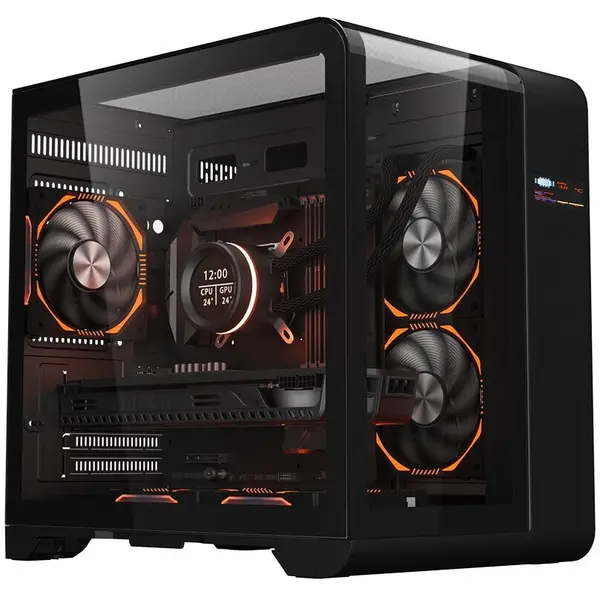 1st PLAYER Carcasa 1stPLAYER Gaming RT5-bk, afisaj digital, 3 ventilatoare aRGB infinity efect plus PWM, telecomanda, Micro-ATX, Negru