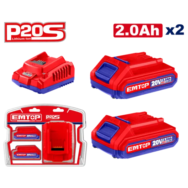 2 x Acumulatori 2.0Ah litiu-ion si incarcator, P20S - ELBCPK1222, EMTOP