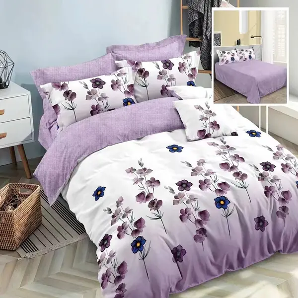 2 x Lenjerie de pat finet 6 piese, floricele mov