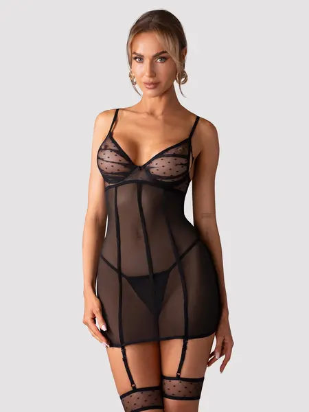 2XL/3XL - Camasa incitanta din tul cu portjartier inclus Nuites Negru