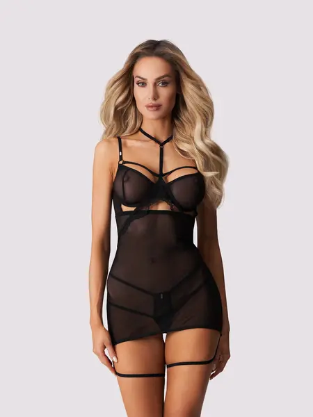 2XL/3XL - Camasuta seducatoare din tul cu accesoriu de gat si portjartier incluse Arrowel Negru