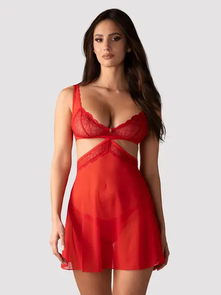 2XL/3XL - Chemise din tul si dantela cu chilot string inclus Cupide Desir Rosu