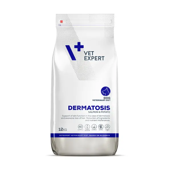 4T Dieta Veterinara DERMATOSIS DOG, VetExpert, cu carne de somon si Cartofi, 12 Kg