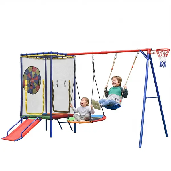 5-în-1 loc de joacă exterior pentru copii, trambulină cu plasă de siguranță și fermoar, pentru copii 3–8 ani, 336x217x198 cm, Multicolor