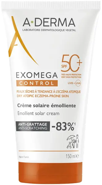 A-Derma Exomega Control Cremă de protecție solară pentru bebeluși, copii și adulți, SPF50+, 150 ml