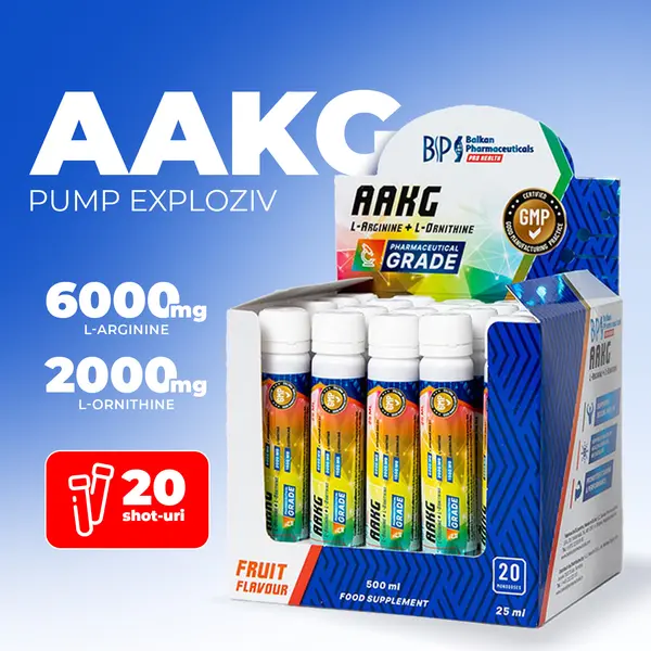 AAKG Shot 9500mg, Pre-Workout cu Arginină și Citrulină, 20 fiole x 25ml, Aromă Fructe - Cutie