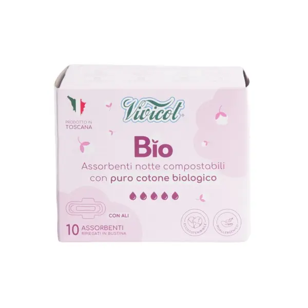 Absorbante de noapte din bumbac compostabil ecologic 5 picaturi 10buc Vivicot