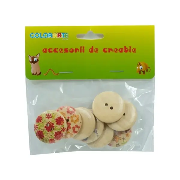 Accesorii creatie , nasturi din lemn 30 mm, natur cu modele flori, set 8 bucati