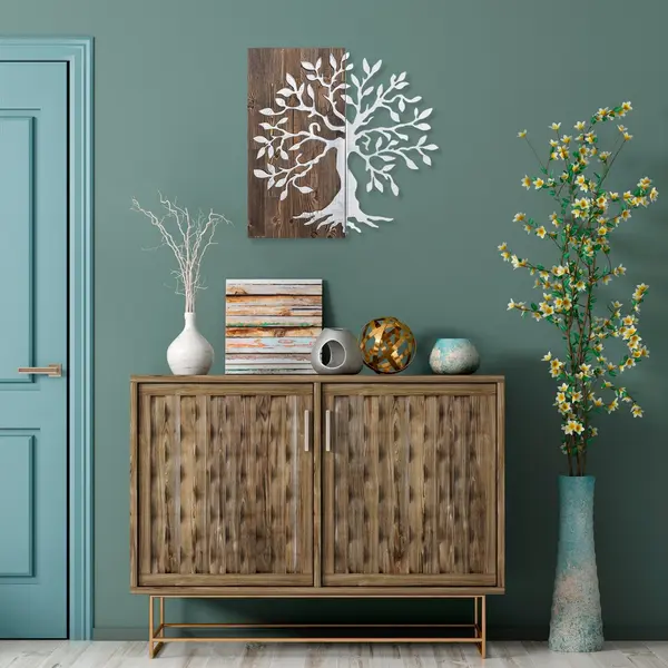 Accesoriu decorativ de perete din lemn si metal Tree Nuc 58x58 cm