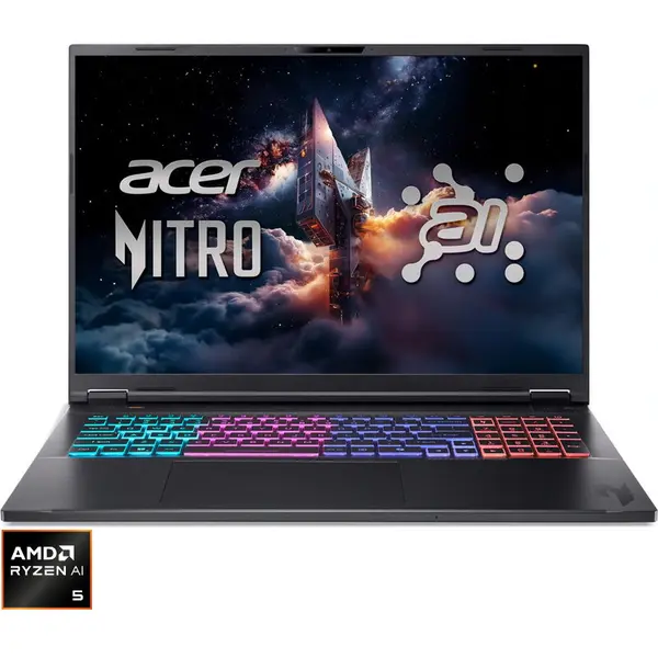 Acer Laptop Acer Nitro 18 AI AN18-61-R565, Procesor AMD Ryzen™ AI 5 340, Display 18 WUXGA (1920x1200), IPS, 165Hz, Memorie RAM 16GB DDR5, Capacitate 1TB SSD, Placa video dedicata NVIDIA® GeForce RTX™ 5050 8GB GDDR7, No OS, Obsidian Black (INT Keyboard)