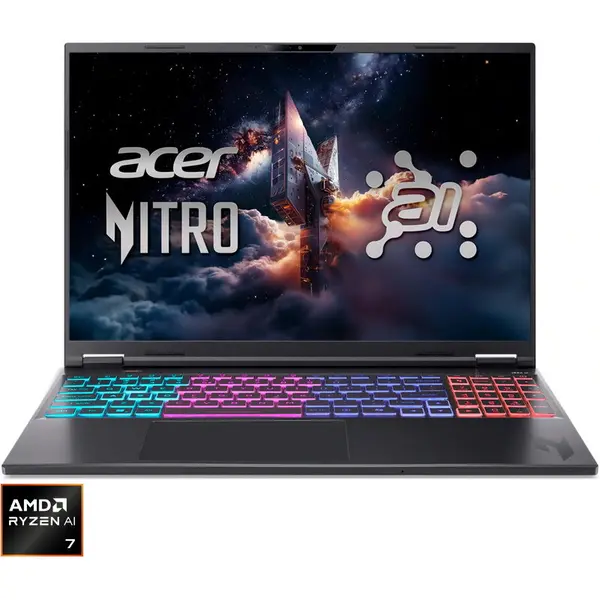 Acer Laptop Gaming Acer Nitro 16S AI AN16S-61, 16 inch, WUXGA IPS 180Hz, Procesor AMD Ryzen Al 7 350 (16M Cache, pana la 5.0 GHz), 16GB DDR5, 1TB SSD, nVidia GeForce RTX 5060 8GB, No OS, Negru