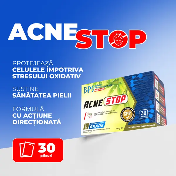 Acne Stop, Supliment pentru Ten Acneic și Sănătatea Pielii, 30 Plicuri