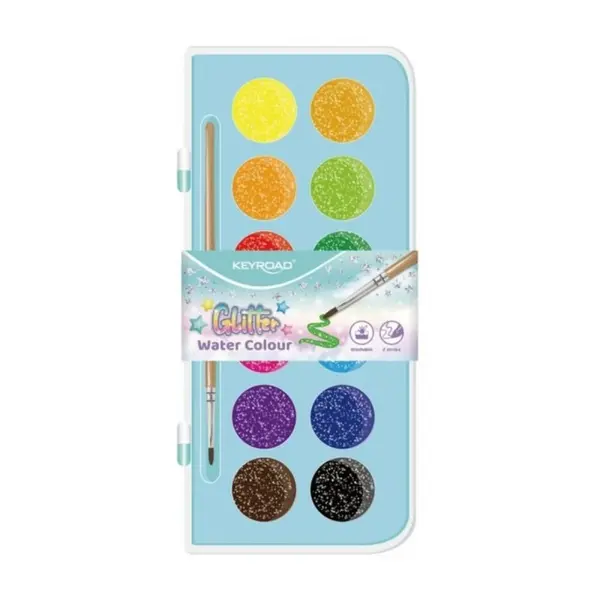 Acuarele pastila, 12culori/set + pensula (28mm), cu sclipici, Keyroad KR972743