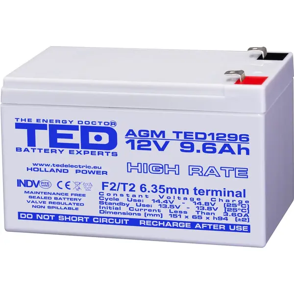 Acumulator 12V High Rate, Dimensiuni 151 x 65 x 95 mm, Baterie 12V 9.6Ah F2, TED Electric TED003324