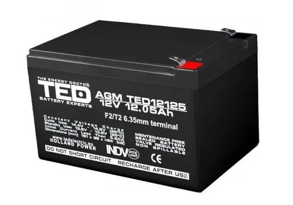 Acumulator 12V, PL 12 AH, AGM VRLA 12V 12,05A, TED12125