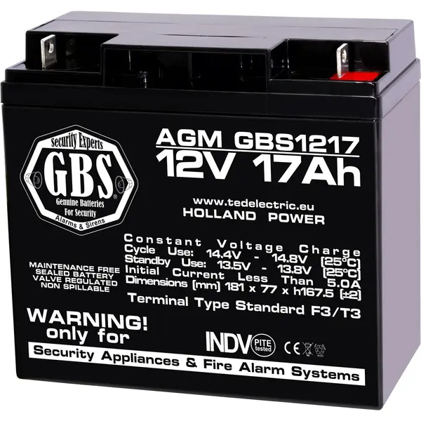 Acumulator 12V Sisteme Alarma, Dimensiuni 181 x 76 x 167 mm, Baterie 12V 17Ah F3, TED Electric GBS