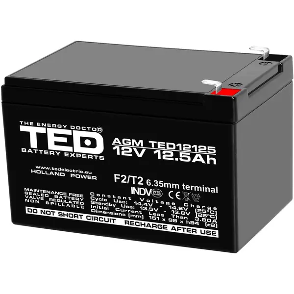Acumulator 12V Stationar VRLA, Dimensiuni 151 x 98 x 95 mm, Baterie 12V 12.5Ah F2, TED Electric TED002754