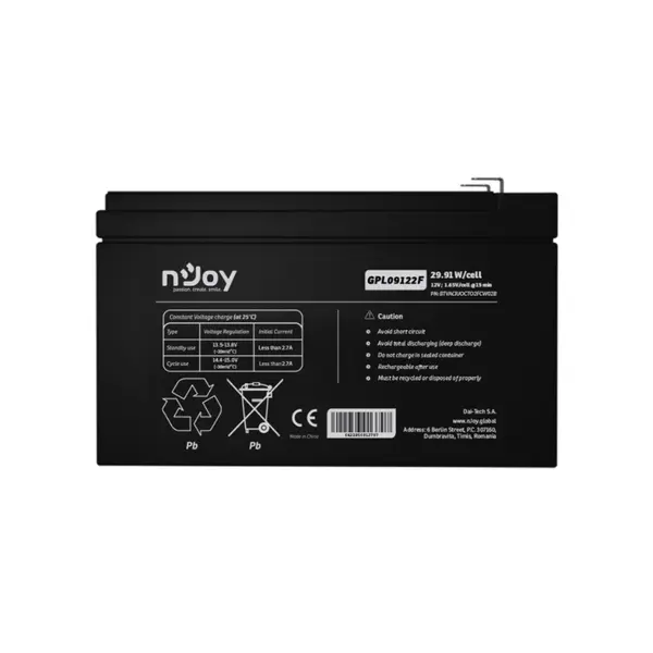 Acumulator AGM nJoy GPL09122F, 12V, 29.91W / celula, terminal F2, 9Ah