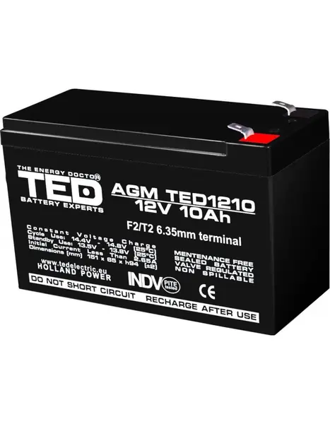 Acumulator AGM VRLA 12V 10Ah pentru sisteme solare și UPS, terminal F2, TED Battery Expert Holland TED002730
