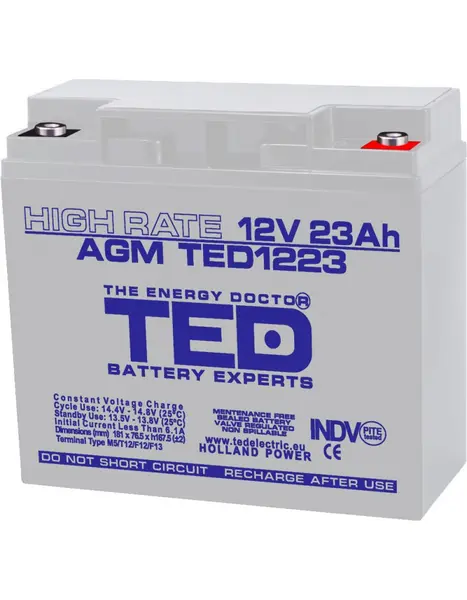 Acumulator AGM VRLA 12V 23Ah High Rate, terminal M5, 181x76x167mm, TED Battery Expert Holland TED003362