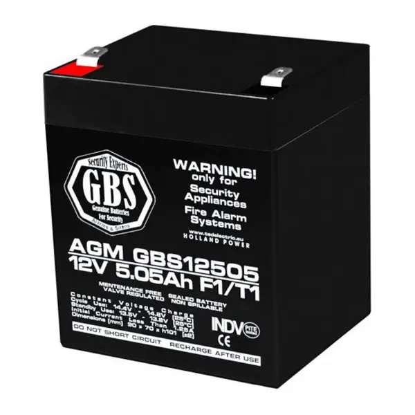 Acumulator AGM VRLA 12V 5,05Ah pentru sisteme de securitate, terminal F1, GBS