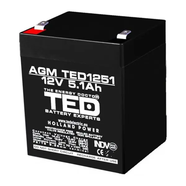 Acumulator AGM VRLA 12V 5,1Ah pentru sisteme de securitate, TED Battery Expert Holland TED003157