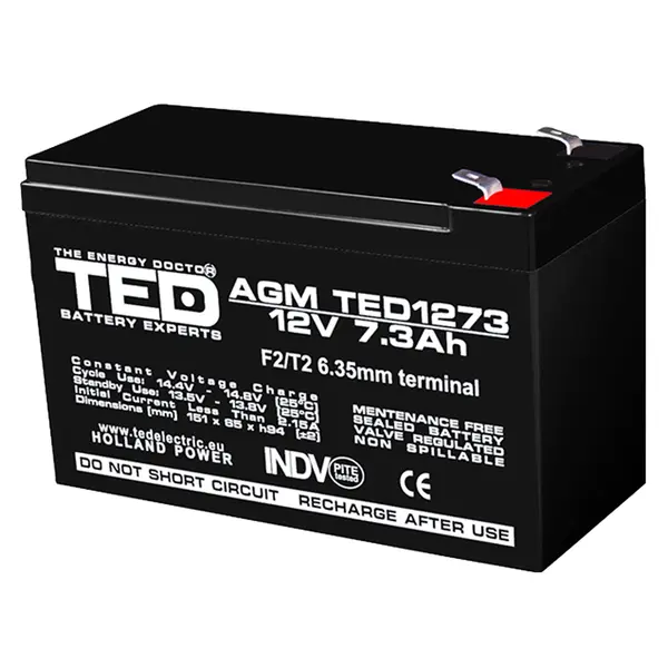 Acumulator AGM VRLA 12V 7,3Ah pentru UPS și sisteme de supraveghere, terminal F2, TED Battery Expert Holland TED003249