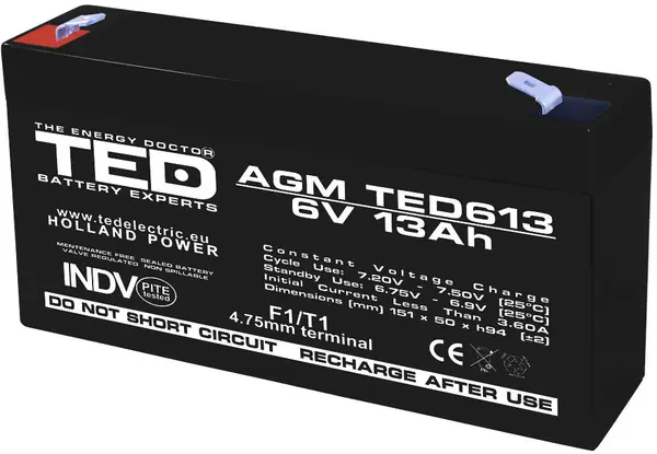 Acumulator AGM VRLA 6V 13A dimensiuni 151mm x 50mm x h 95mm F1 TED Battery Expert Holland TED003010 (10)