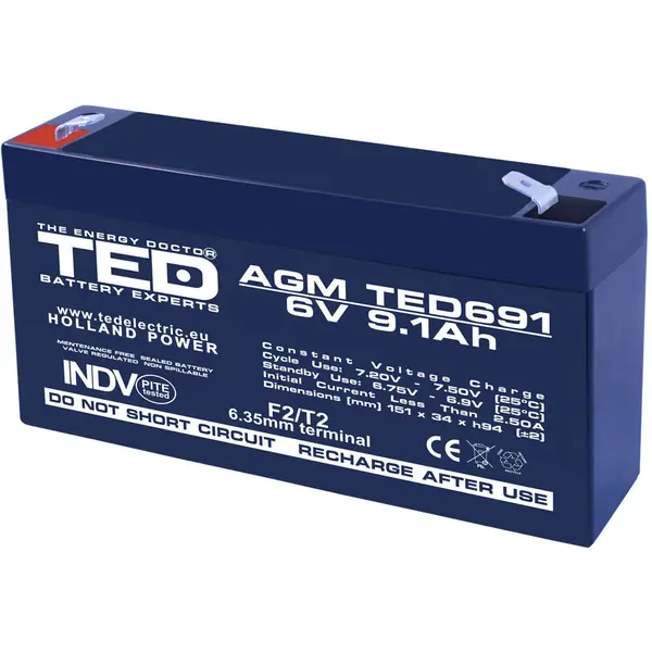 Acumulator AGM VRLA TED TED002990, 6 V, 9.1 A