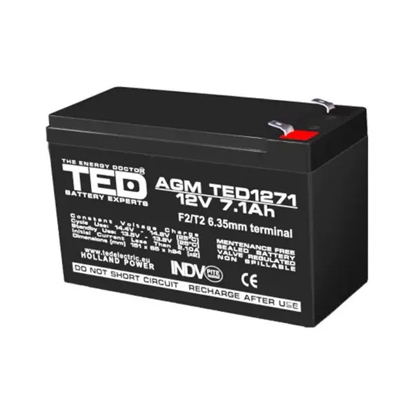 Acumulator AGM VRLA TED TED003225, 12 V, 7.1 A, F2