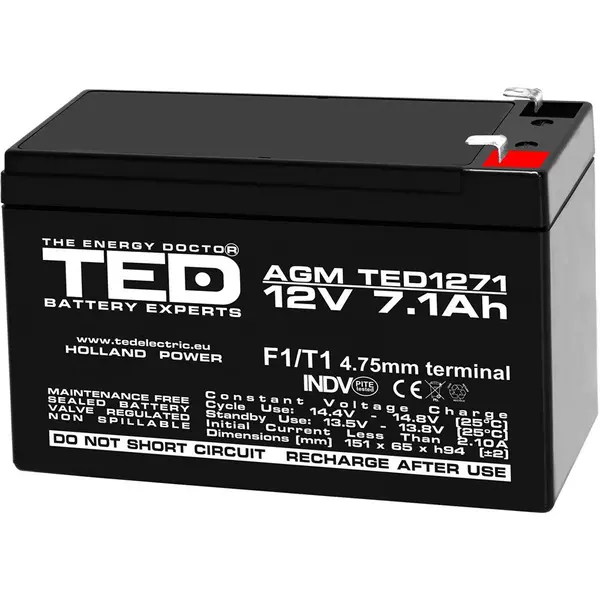 Acumulator AGM VRLA TED TED003416, 12 V, 7.1 A, F1
