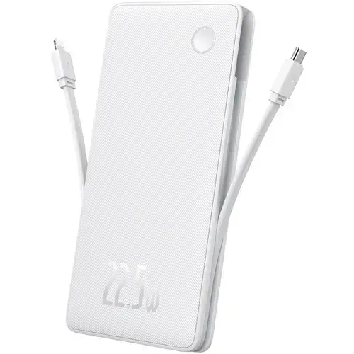 Acumulator extern Baseus Airpow Lite, 10000mAh, 22.5W, Incarcare rapida, USB-C, USB-A, cablu dual Lightning si USB-C (Alb)