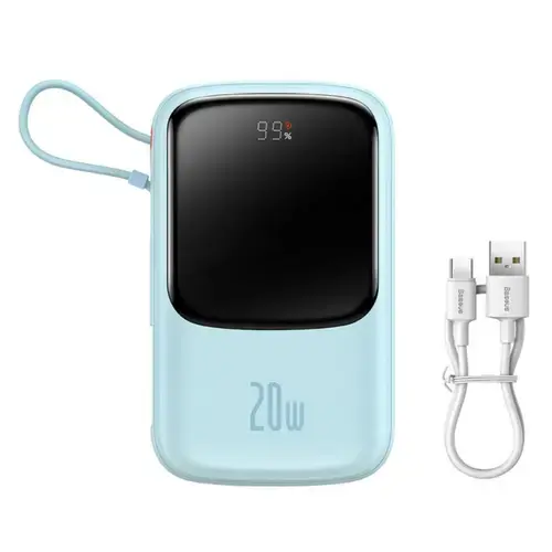 Acumulator extern Baseus Q Pow Digital Display 20000mAh, 20W, Lightning, Type-C, USB, cablu USB-C, 3A (Albastru)