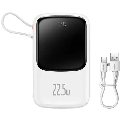 Acumulator extern Baseus Q Pow Digital Display Incarcare Rapida, QC/PD, 10000mAh, 22.5W, cablu integrat Type-C (Alb)
