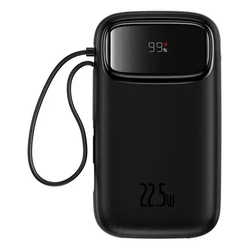 Acumulator extern Baseus Qpow2, 10.000 mAh, cablu dual USB-C si Lightning incorporat, Incarcare rapida, 22.5W, Digital Display (Negru)