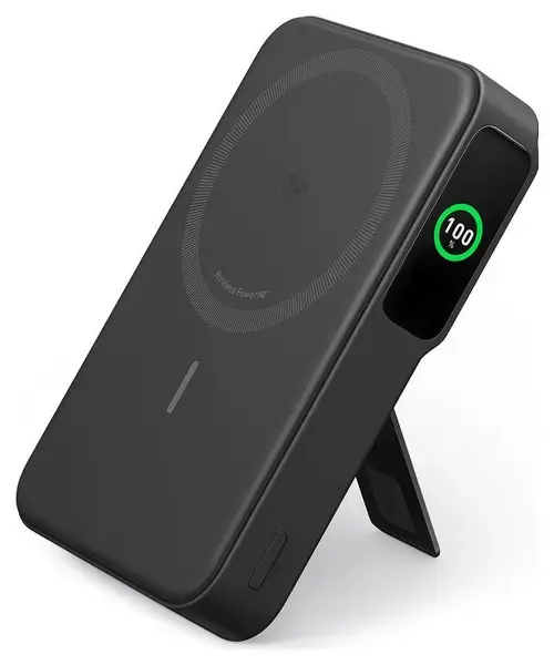Acumulator extern magnetic wireless Anker MagGo, Qi2, 10.000 mAh, 15W, USB-C, Suport Pliabil, Smart Display, pentru iPhone 15/14/13/12 (Negru)