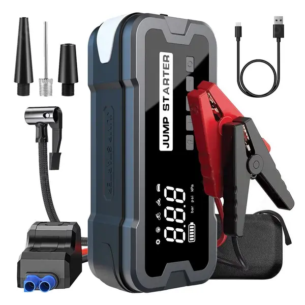 Acumulator extern pornire auto / Jump Starter 12 V cu compresor de 4.35 bari, curent de pornire 2000 A, curent maxim 4000 A, capacitate baterie 24000 mAh, lanterna