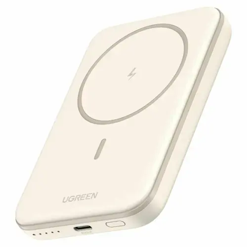 Acumulator extern Ugreen Magnetic 5.000 mAh, Wireless, PD 15W, Qi 7.5W, USB-C, compatibila MagSafe (Bej)