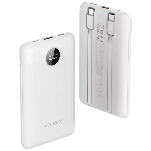 Acumulator extern Veger W1170, 22.5 W, USB-A, Cabluri USB-C si Lightning (Alb)