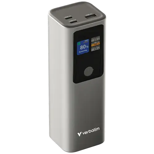 Acumulator extern Verbatim Charge'n'Go 32269, 27.000mAh, 183 W Max, USB-C1/C2 PD pana la 140W 3.1, USB-A QC 3.0 18W, Disply TFT (Gri)
