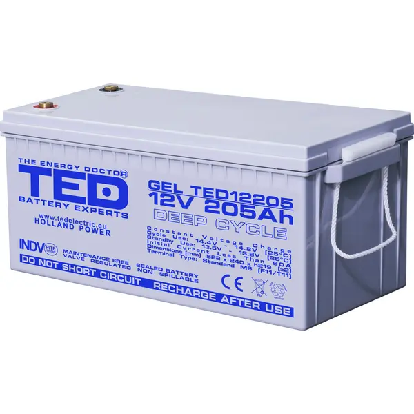 Acumulator GEL 12V 205Ah Deep Cycle, M8, pentru sisteme solare, rulota, cabana si aplicatii off-grid