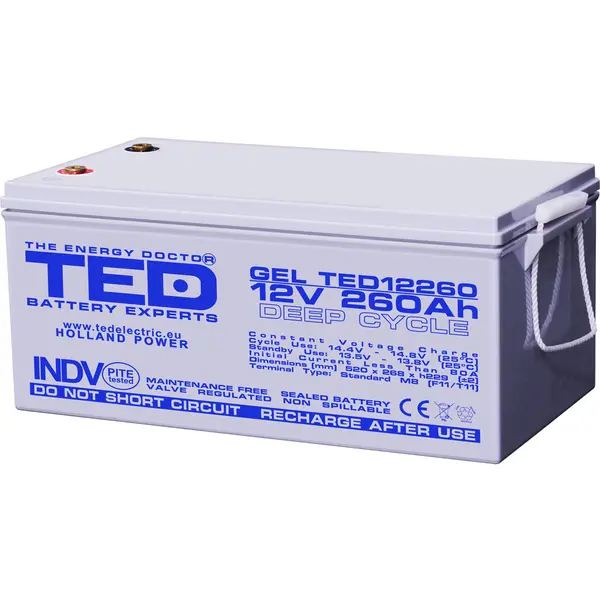 Acumulator GEL 12V 260Ah Deep Cycle, M8, pentru sisteme solare, rulota, cabana si aplicatii off-grid, 12V backup energetic