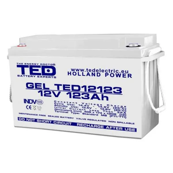 Acumulator GEL Deep Cycle 12V 123Ah, terminal M8, 405×173×220 mm, TED Battery Expert Holland TED003508