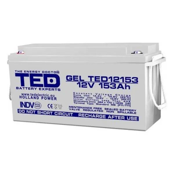 Acumulator GEL Deep Cycle 12V 153Ah VRLA, terminal M8, 483x170x240mm, TED Battery Expert Holland TED003515