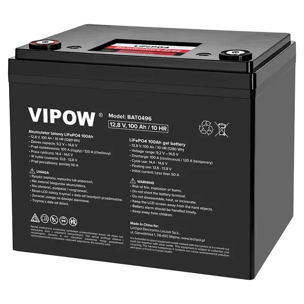 Acumulator LiFePO4 12.8V 100Ah cu BMS integrat, VIPOW BAT0496