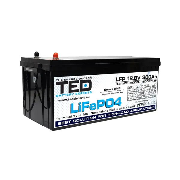 Acumulator LiFePO4 12.8V 300Ah cu BMS integrat si Bluetooth, Deep Cycle pentru sisteme solare, rulota si aplicatii off-grid, conexiune M8