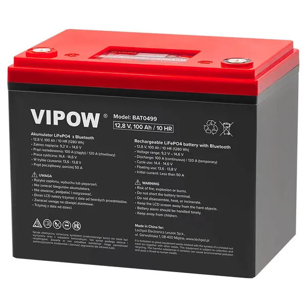 Acumulator LiFePO4 12V 100Ah cu Bluetooth și ecran LCD, Vipow BAT0499