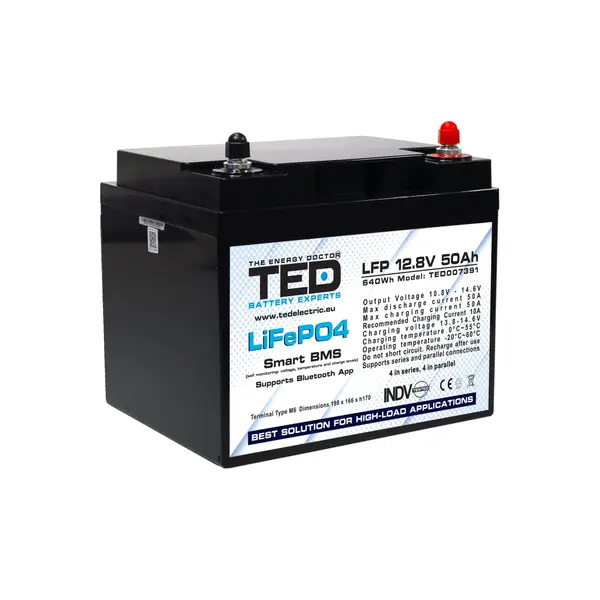 Acumulator LiFePO4 12V 50Ah cu BMS integrat si Bluetooth, Deep Cycle pentru sisteme solare, rulota si off-grid, conexiune M6