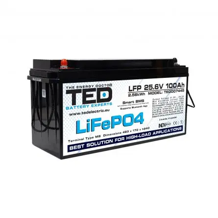 Acumulator LiFePO4 25.6V 100Ah cu BMS integrat si Bluetooth, Deep Cycle pentru sisteme solare 24V si off-grid, conexiune M8