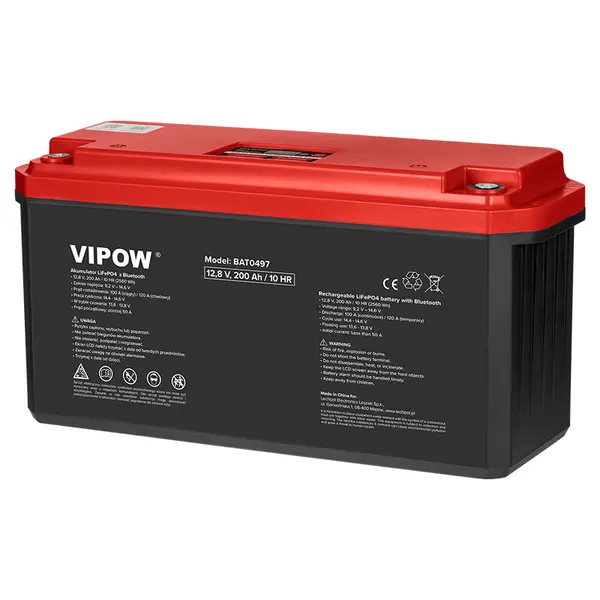 Acumulator LiFePO4 Vipow 12V 200Ah cu Bluetooth și ecran LCD, solar, BAT0497
